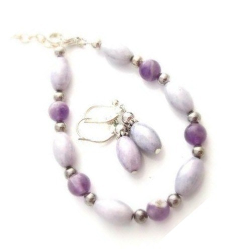 Violet Art Glass & Purple Amethyst Quartz Gemstone Silver Bracelet & Earring Set